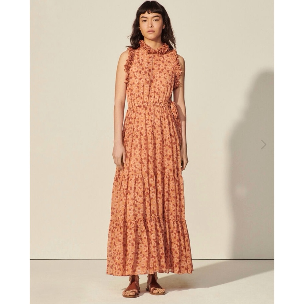 SANDRO Paris Leia Ruffled Floral-print Chiffon Maxi Dress size FR40 Summer 2021